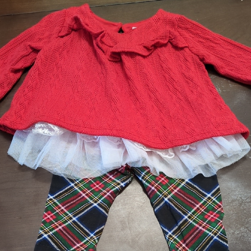 Rare Editions Vibrant Red Knit Dress With Lace And Matching Plaid Leggings, 6-9M